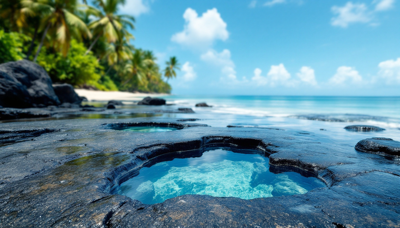 Natural pools in an exposed rock shelf at low tide with coconut palms along the shore