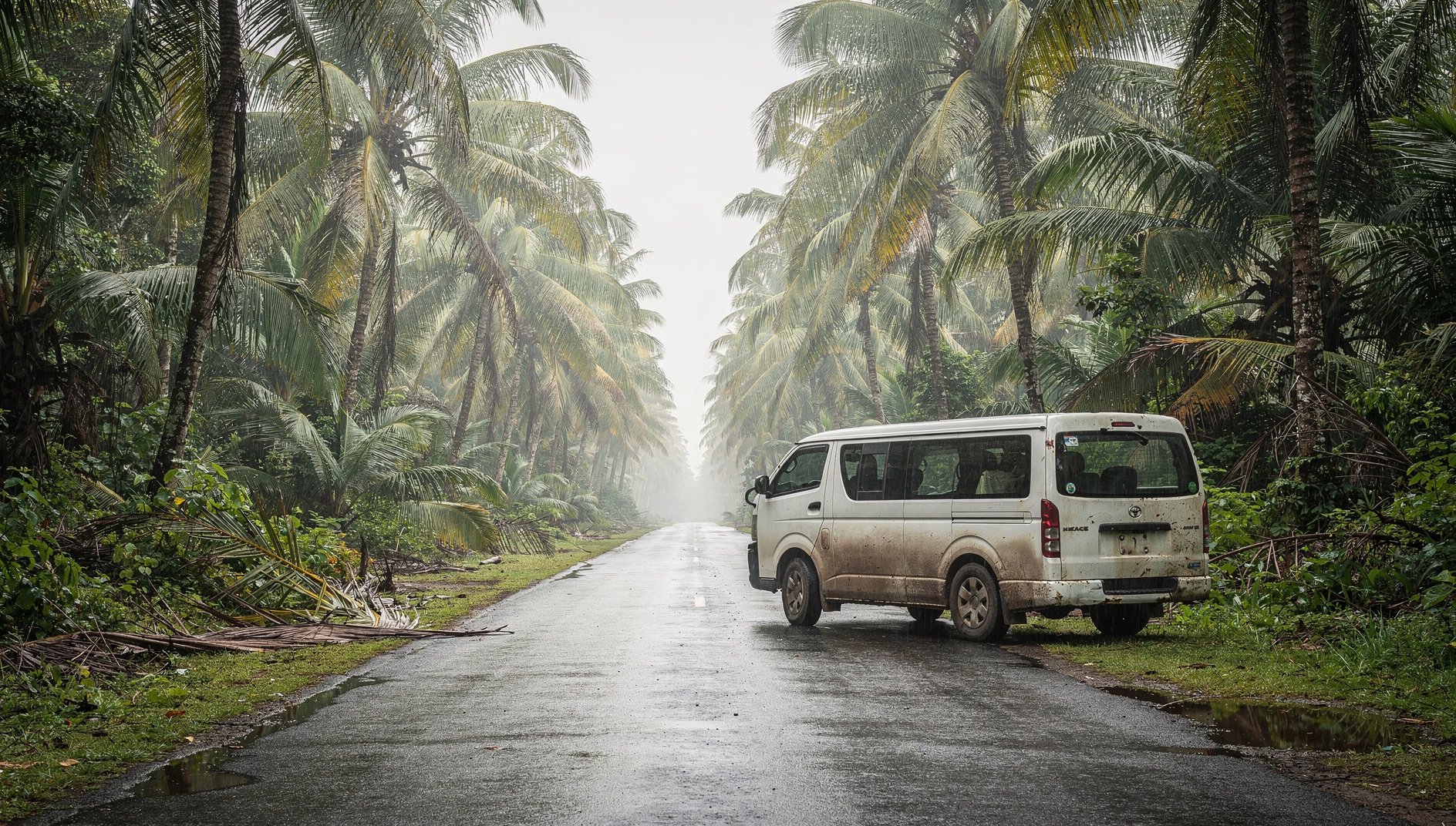 Van with surfboards on the roof beside a palm-lined road on Siargao